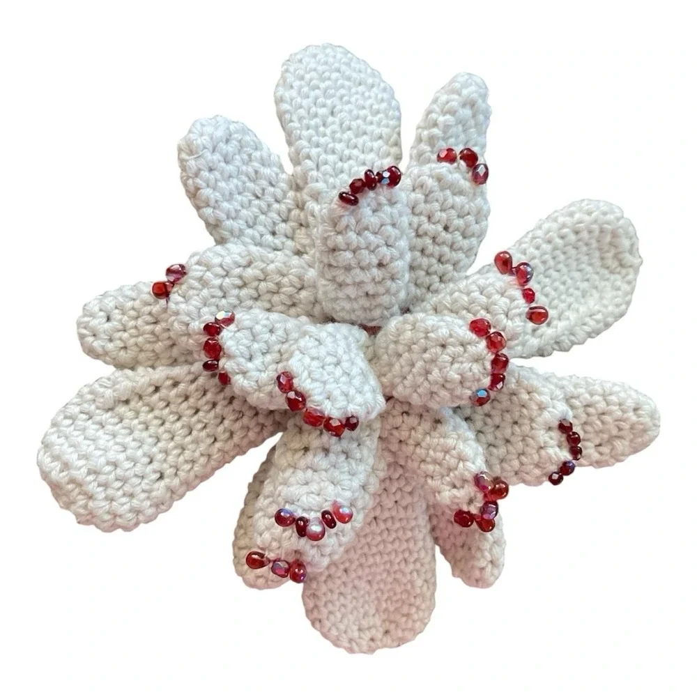 Handmade Succulent with Red Beads Crochet Blooming Cactus Cream Office Decor